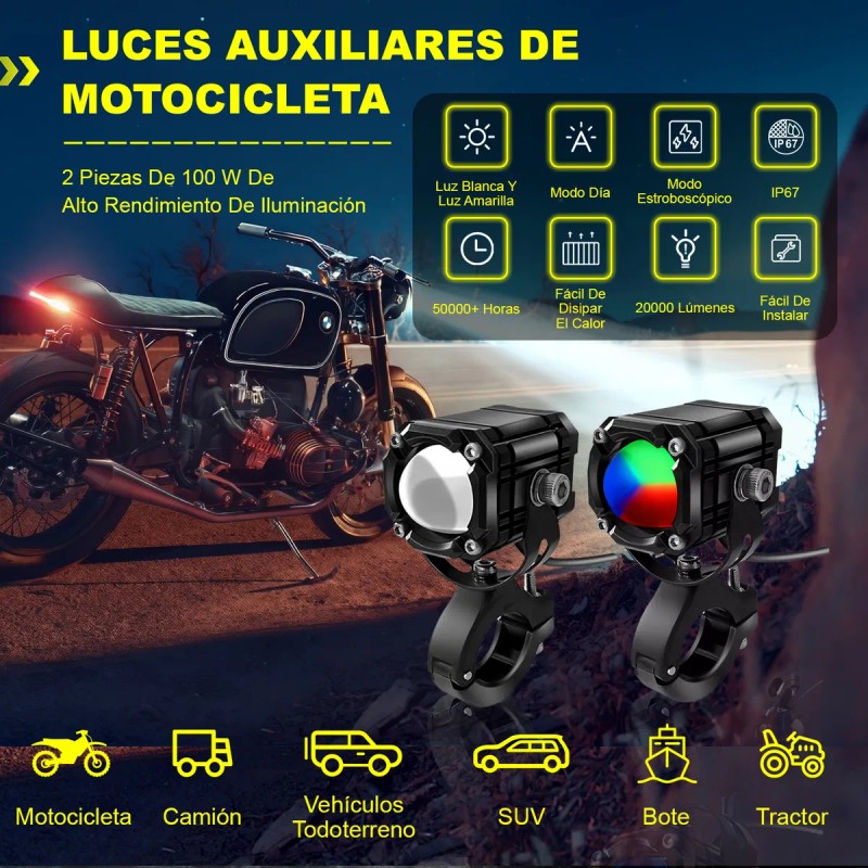 2 Faros Luces Led Auxiliares 4 Modos Lupa Para Moto
