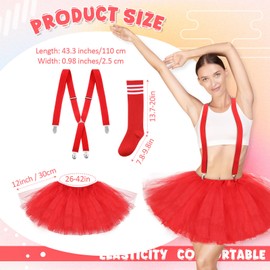 Zhanmai 3 Pcs Red Women's Tutu Costume Set 5 Layered Tulle Tutu Skirt Suspenders Striped Socks for Women Adult