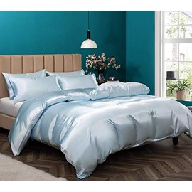 Pothuiny 5 Pieces Satin Duvet Cover Full/Queen Size Set, Luxury Silk Like Baby Blue Duvet Cover Bedding Set with Zipper Closure, 1 Duvet Cover + 4 Pillow Cases