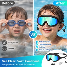 2-Pack Kids Swim Goggles with Earplugs – Anti-Fog UV400 Wide View Goggles for Ages 3–15