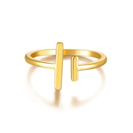 GNIRTSI Gold Parallel Bar Ring for Women Asymmetrical Double T Line 14K Gold Plated Minimalist Stack Thin Band Open Finger Jewelry Size 7