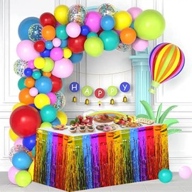 Rainbow Table Skirts Fringe,2 Pack Fiesta Party Decorations Wavy Metallic Tinsel Foil Fringe Table Skirts,Colorful Fringed Table Skirt Decorations for Birthday Party Wedding Baby Shower