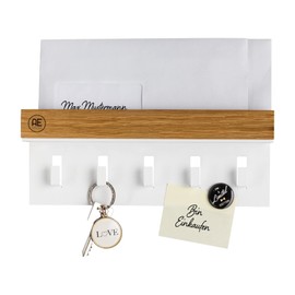 AE GÜNTHER® Wooden Key Holder - Key Holder Black Steel - Oak Key Holder - Key Organiser with Shelf - Key Ring - Key Box - Wall Organiser - Key Rack (White)