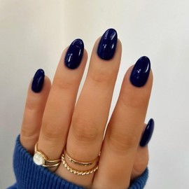 Navy Blue Press on Nails Short Oval Acrylic Nails Press on, Solid Color Medium Short Oval Fake Nails for Women Reusable Thick Round Nails Glue on, Medium Almond Nails Soft Gel False Nails 24Pcs