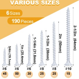 KURUI Wood Screws Assortment Kit, Flat Head Screws Set for Wood Drywall, 190 Pcs PosiDriv Sheetrock Screws, 6 Sizes Assorted Screws (3/4”, 1”, 1-1/4”, 1-1/2”, 2”, 2-1/2”), with Organizer Box
