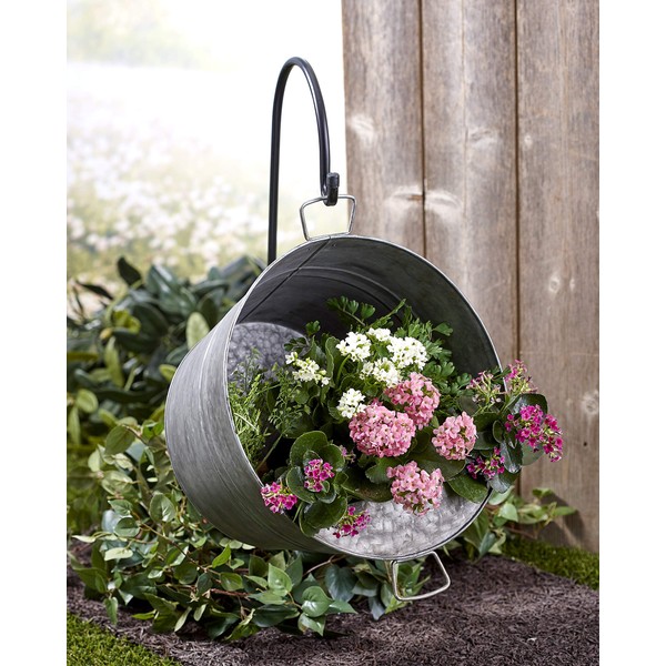 The Lakeside Collection Pail Planter for Gardens - Galvanized Metal Flower Pot with Hook
