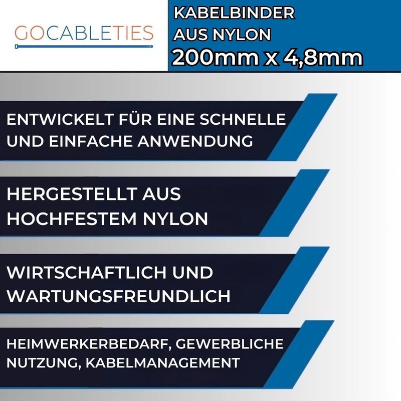Gocableties Cable Ties, 200 mm x 4.8 mm, Premium Quality,