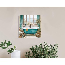 LAIART Bathroom Canvas Print Wall Art Decor Teal Bathtub Picture Sea ​​View from The Window Artwork