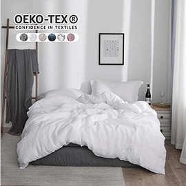 Simple&Opulence 100% Linen Duvet Cover Set with Washed-Belgian Flax-3 Pieces Solid Color Basic Style Bedding Set-Breathable Soft Comforter Cover with 2 Pillowshams(King,White)