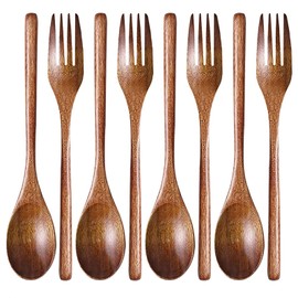 Wooden Soup Spoons and Forks, Pack of 6 Wooden Cutlery, Wooden Kitchen Utensils, Wooden Spoon, Japanese Style Reusable Cutlery, Wooden Spoons for Camping, Outdoor, Kitchen, Cooking, Dinner