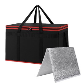 Insulated Grocery Bags -Reusable Food-Grade Cooler Tote, Foldable Ice Bag, Leakproof Design for Camping, Picnics & Food Delivery (Black-Red XXXL, Hard Bottom I PCS)