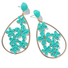Flower Teardrop Earrings Boho Raffia Earrings Cute Floral Daisy Drop Earrings Trendy Summer Statement Jewelry for Women(Turquoise Blue)