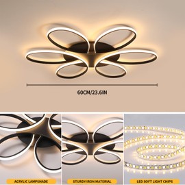Oliterlux Modern LED Ceiling Light Fixture Black Flush Mount Ceiling Lamp with Remote Control Dimmable 6 Rings Flower Shaped Ideal for Living Room Bedroom Dining Room Kitchen(60CM/23.6IN)