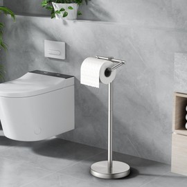 FORIOUS Toilet Paper Holder Stand, Freestanding Tissue Roll Holder for Bathroom, Pivoting Design, Durable SUS 304 Stainless Steel and Weighted Base Toilet Paper Stand, Brushed Nickel