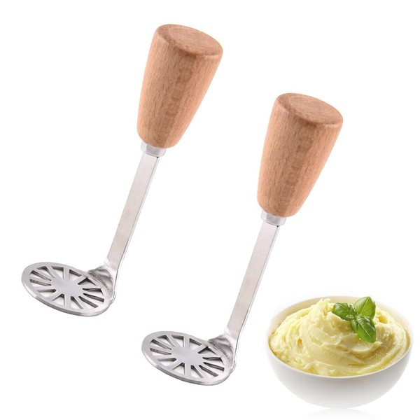 2 pcs Small Potato Masher Multifunctional Stainless Steel Masher for Mashing Baby Food & Vegetable with Wooden Handle Cooking and Kitchen Gadget