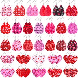 Kigeli 30 Pairs Valentine Leather Earrings for Women Wedding Lightweight Faux Leather Long Dangle Heart Teardrop Earrings Set