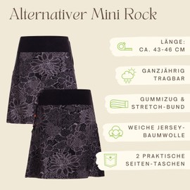 Vishes Short women's skirt with floral lace, size 34-46, handmade from 100% cotton, skirt with pockets, for warm and cold months, sustainable alternative clothing, black, 44