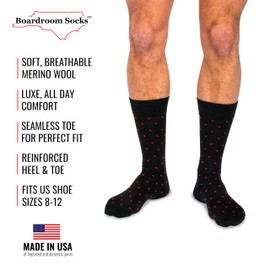BoardroomSocks - Calcetines de lana merino con estampado a media pantorrilla, calcetines de vestir para hombre, negro con lunares rojos , 8-12
