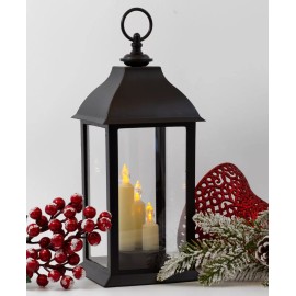 Banberry Designs Decorative Three Candle Black Lanterns Lighted LED - Set of 2 - #9621-2
