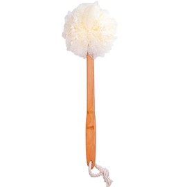 Shower Loofah Body & Back Scrubber - Exfoliating Loofah Bath Brush On a Stick - with Long Wooden Handle Back Brush for Men & Women - Easy Reach Body Wash & Lotion Applicator（White）