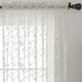 H.ebony Ivory Lace Curtains 63 Long - Cream Leaf Sheer Lace Curtains Set for Living Room/French Door, Airy Country Off White Lace Window Curtains 2 Panels, 52 x 63 Inch, Beige