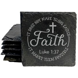 Faith and Hope: Laser Etched Slate Coasters: "Faith" Luke 1:37 with Elegant Cross Design - Square Slate - set of 8