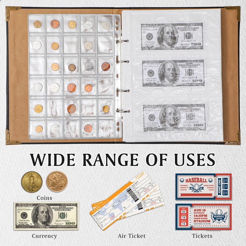 Coin Collecting Holder Album with 150 Coin Pockets and 240 Paper Currency  Pockets, PU Leather Coins Collection Holder Penny Currency Storage Book