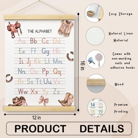 Abc Posters for Toddlers, Educational Posters for Toddlers 1-3, Toddler Learning Poster with Wooden Frames, Western Cowgirl Alphabet Poster Nursery Playroom Decor, 12x16 inch Set of 2 (B05)