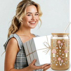 HBESTIE Mushroom Glass Cup with Bamboo Lids Straws, Christmas Gifts, 16oz Retro Hippie Tumbler, Fungi Themed Tumbler Stuff, Iced Coffee Cup, Mushroom Gift for Women, Birthday Gifts for Sister, BFF