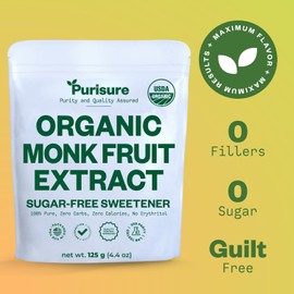 Purisure Endulzante Orgánico de Fruta del Monje, 125g, 400 Porciones, Extracto Puro Orgánico de Fruta del Monje sin Rellenos ni Regusto, Cero Calorías y Cero Carbohidratos, Compatible con Dietas Keto y Paleo