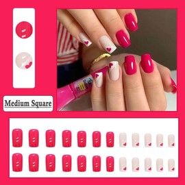 BAOYAALIN Rose Red Press on Nails Medium Square Fake Nails with Simple Heart Design, Press ons Artificial Acrylic Full Cover False Stick on Nail for Women Girls Daily Wear Wedding Manicure 24Pcs
