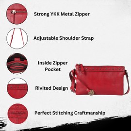 VILENCA HOLLAND 9 inch Women's Genuine Italian Leather Boho Studded Crossbody Sling Bag – Premium Quality, Stylish (Red)