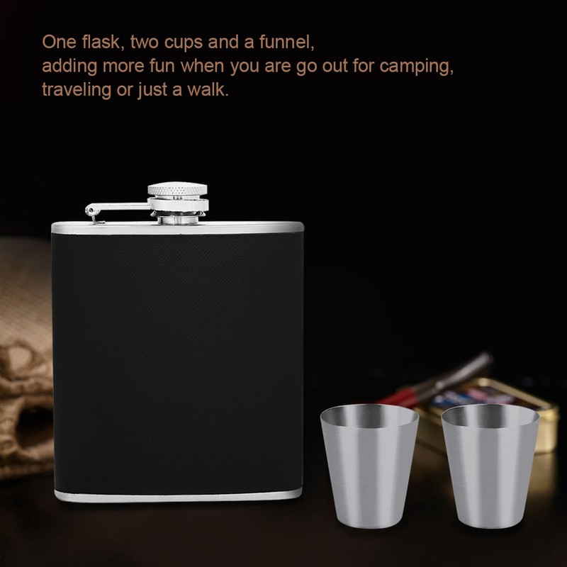 Stainless Steel Hip Flask Black Leather Funnel with Two Wine