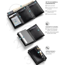VULKIT Tarjetero de cuero con bolsillo de moneda cierre del imán billetera para efectivo y monedas (Negro)