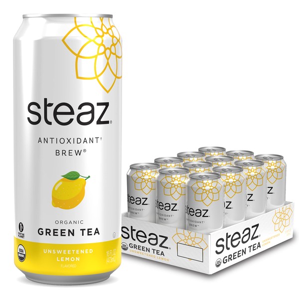 Steaz Organic Iced Green Tea Antioxidant Brew, Unsweetened Lemon, 16 Fl Oz, Pack of 12
