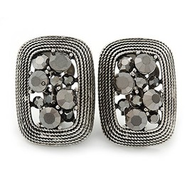 Hematite Crystal Rectangular Clip On Earrings In Antique Silver/Vintage Inspired - 25mm L