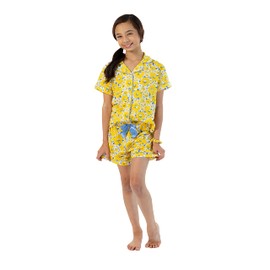 Sleep On It Girls Pajamas Button down Short Sleeve Collared Coat Set, Summer Pajamas for girls sleepwear (Yellow, 14/16)