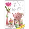 Friend 80th Birthday Card - Teapot, Cakes & Flower