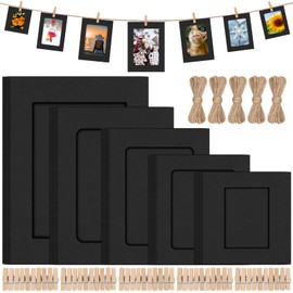 Mardatt 50 Set Black Paper Picture Frames, Includes 3" 4" 5" 6" 7" Cardboard Hanging Photo Frames with Wooden Clips, Strings for Home Decor