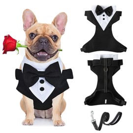 Dog Tuxedo Harness with Leash Set,Pet Wedding Harness Formal Vest with Bow,Adjustable Pet Tailcoat Vest Harness for Puppy Small Medium Dog_S