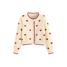 CIDER Women's Cardigan Crew Neck Heart Print Color Block Button Down Crop Top Long Sleeve Cute Cardigan: Ivory, S