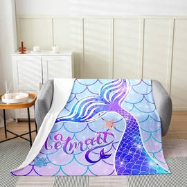 jejeloiu Mermaid Plush Blanket Twin 60"x80" for Boys Girls, Fish Scales Flannel Blanket Ocean Life Sea Animal Fuzzy Blanket Princess Decor All Season Bed Blanket