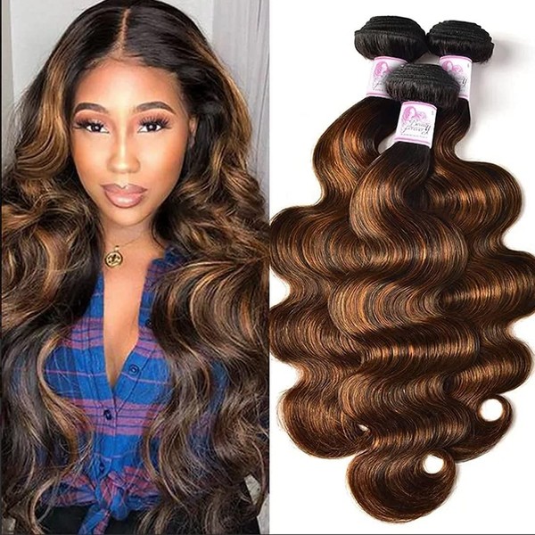 Beauty Forever Ombre Highlight Brazilian Body Wave Virgin Hair 3 Bundles 14 16 18 Inch,Ombre Blonde Remy Human Hair Wavy Weaves Hair Extentions Color FB30