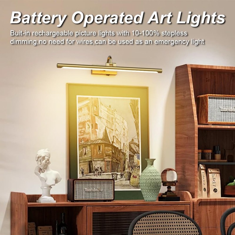 Aipsun 23.6" Brass Picture Lights for Wall Rechargeable,12000mAh Battery Operated