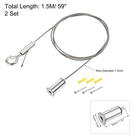 uxcell Picture Hanging Wire Hooks Kit, 2Set 1.5M Adjustable Hanger Wire for Home Art Gallery Picture Display Kit, Load 33 Lbs, with 6Set Screws