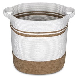 Blanket Basket, blanket storage Basket, Laundry, and Organizing Toys, rope basket, Woven Coiled Hamper, wicker laundry baskets, Brown & White, Trendy Home décor for Living Room or Bedroom