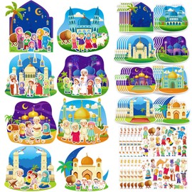 Kepeel 48PCS Ramadan Scene Craft Kits for Kids, Make a Muslim Mosque Hanging Ornament Eid Mubarak DIY Moon Star Scene Craft Kits Kareem Ornament Tree Kit for Party Home Classroom Game Activities