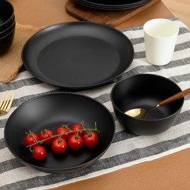 LEHAHA Bamboo Fiber Melamine Dinnerware Sets, Black Kitchen Plates and Bowls Sets, Unbreakable Dishes Set for 4, Eco-friendly Lightweight 12 Piece Dinnerware Sets for Parties & Camping