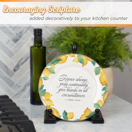 Christian Art Gifts Round 9" Decorative White Ceramic Salad & Dessert Plate for Home & Kitchen: Rejoice Always Inspirational Bible Verse, Food Safe Novelty Kitchenware, Gold Rim, Bright Yellow Lemons