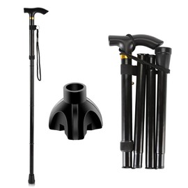 Folding Walking Cane for Men & Women, Adjustable 5-Level Height, Self-Standing Collapsible Cane with Ergonomic Grip & Anti-Slip Base